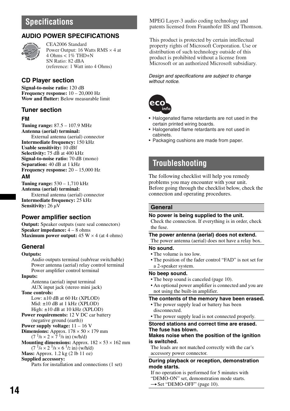 Specifications, Troubleshooting, Specifications troubleshooting | General | Sony CDX-GT23W User Manual | Page 14 / 52