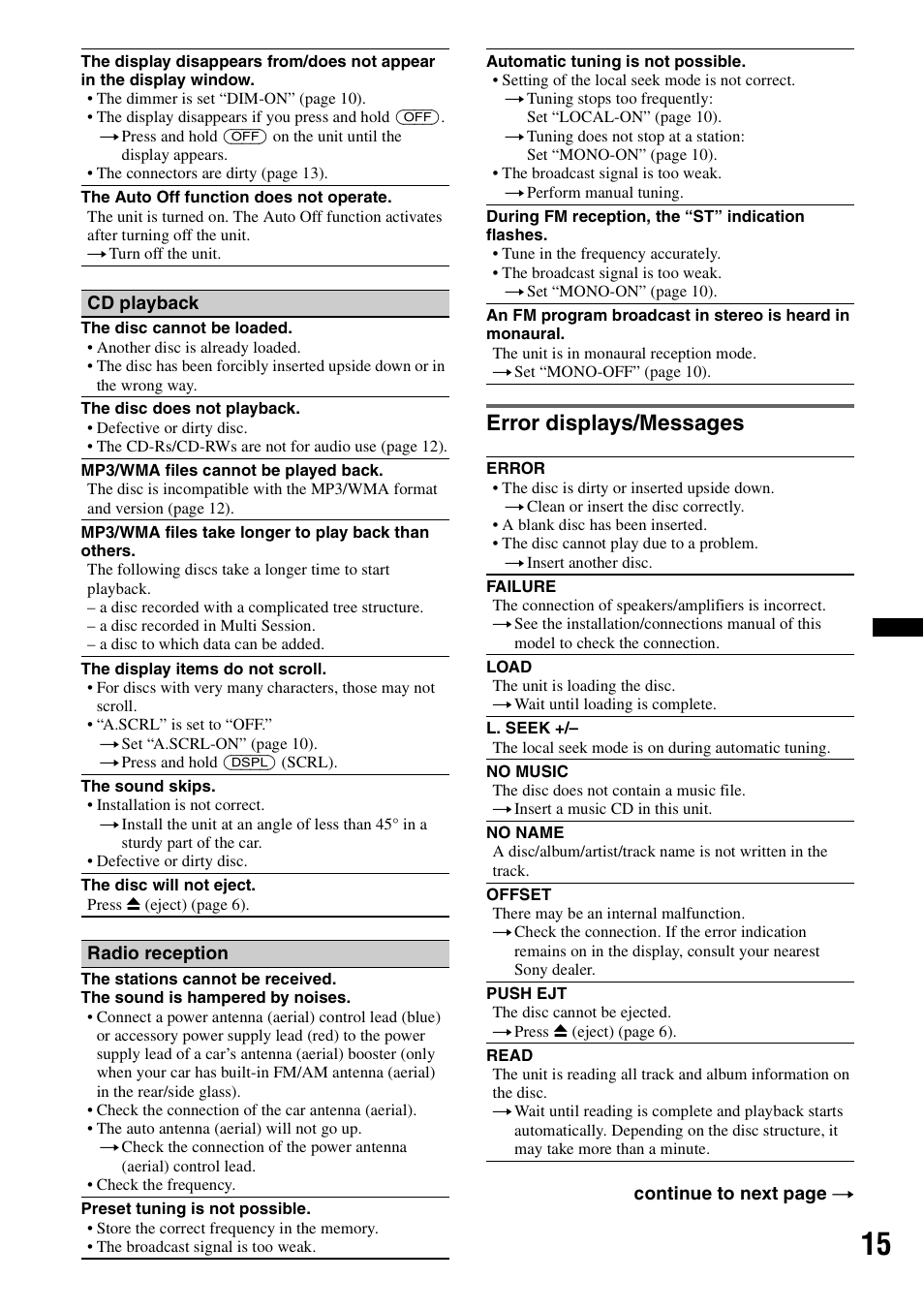 Error displays/messages | Sony CDX-GT23W User Manual | Page 15 / 52