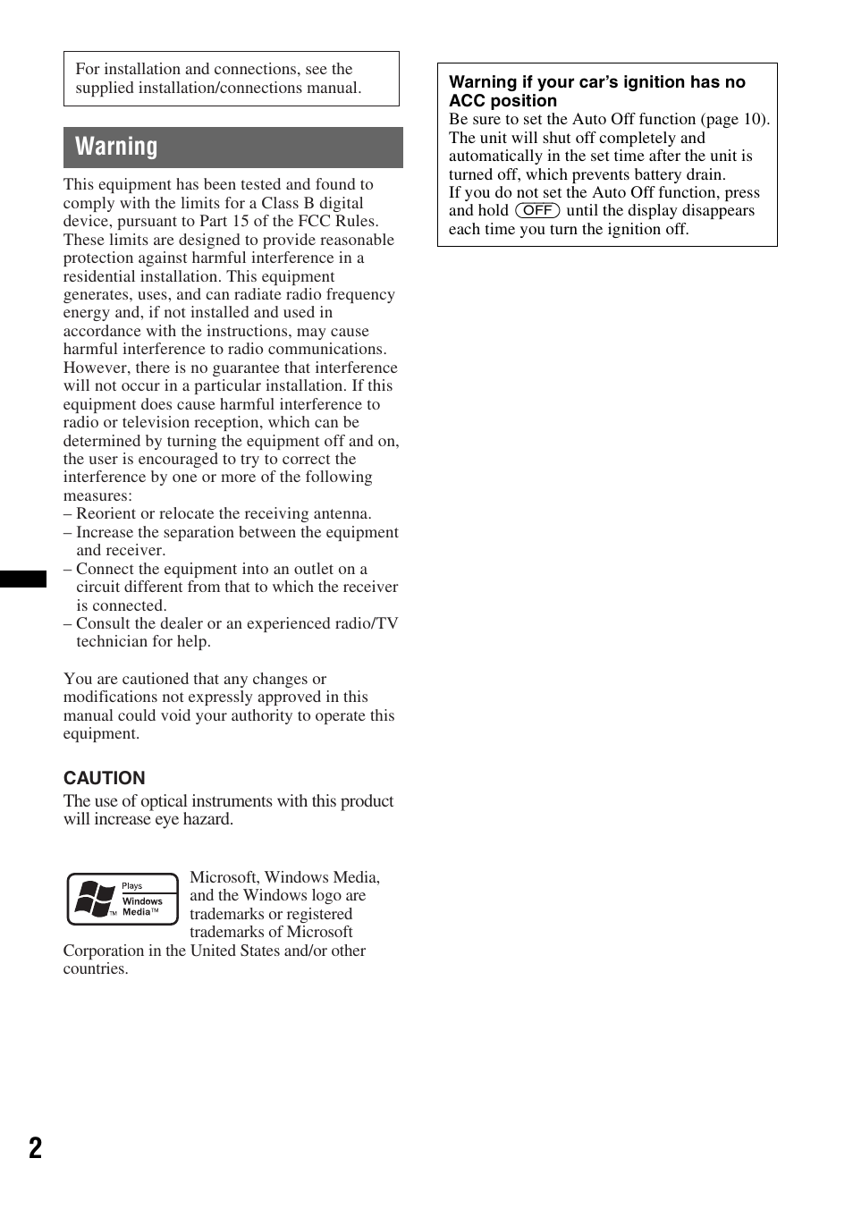 Warning | Sony CDX-GT23W User Manual | Page 2 / 52