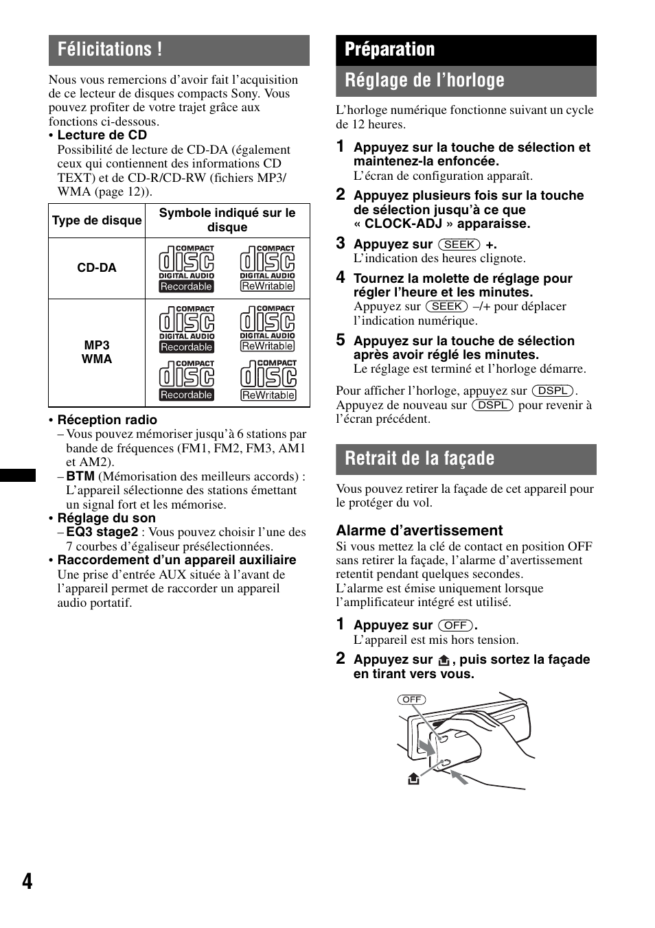 Félicitations, Préparation, Réglage de l’horloge | Retrait de la façade, Réglage de l’horloge retrait de la façade, Préparation réglage de l’horloge | Sony CDX-GT23W User Manual | Page 20 / 52