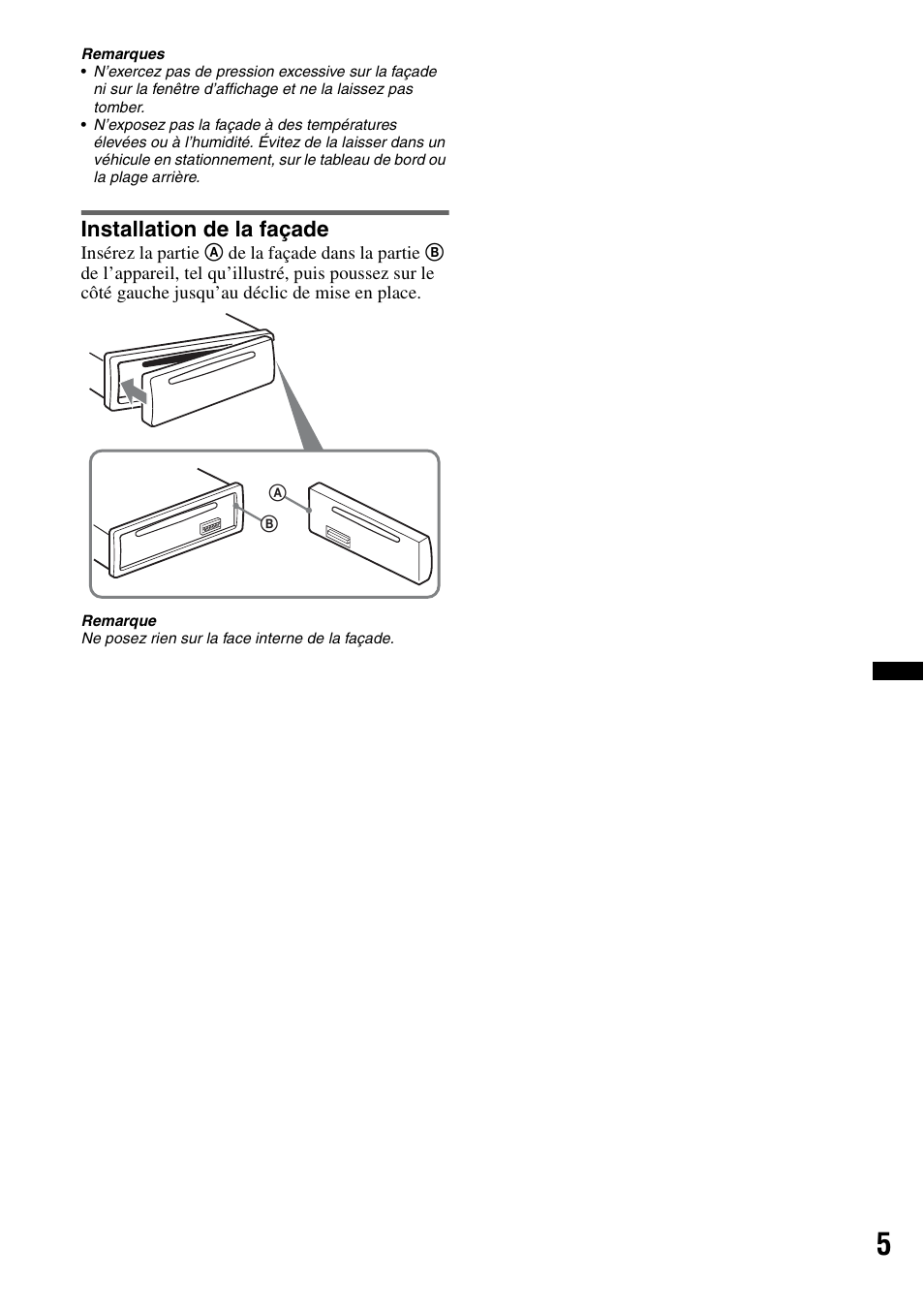 Installation de la façade | Sony CDX-GT23W User Manual | Page 21 / 52