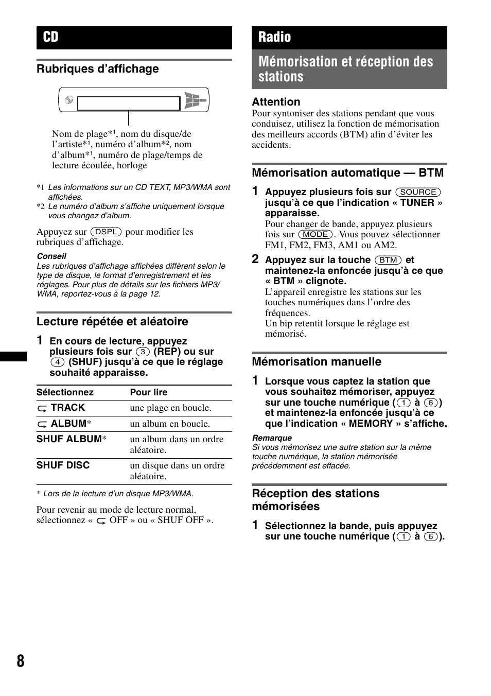 Rubriques d’affichage, Lecture répétée et aléatoire, Radio | Mémorisation et réception des stations, Mémorisation automatique - btm, Mémorisation manuelle, Réception des stations mémorisées, Rubriques d’affichage lecture répétée et aléatoire, Radio mémorisation et réception des stations | Sony CDX-GT23W User Manual | Page 24 / 52