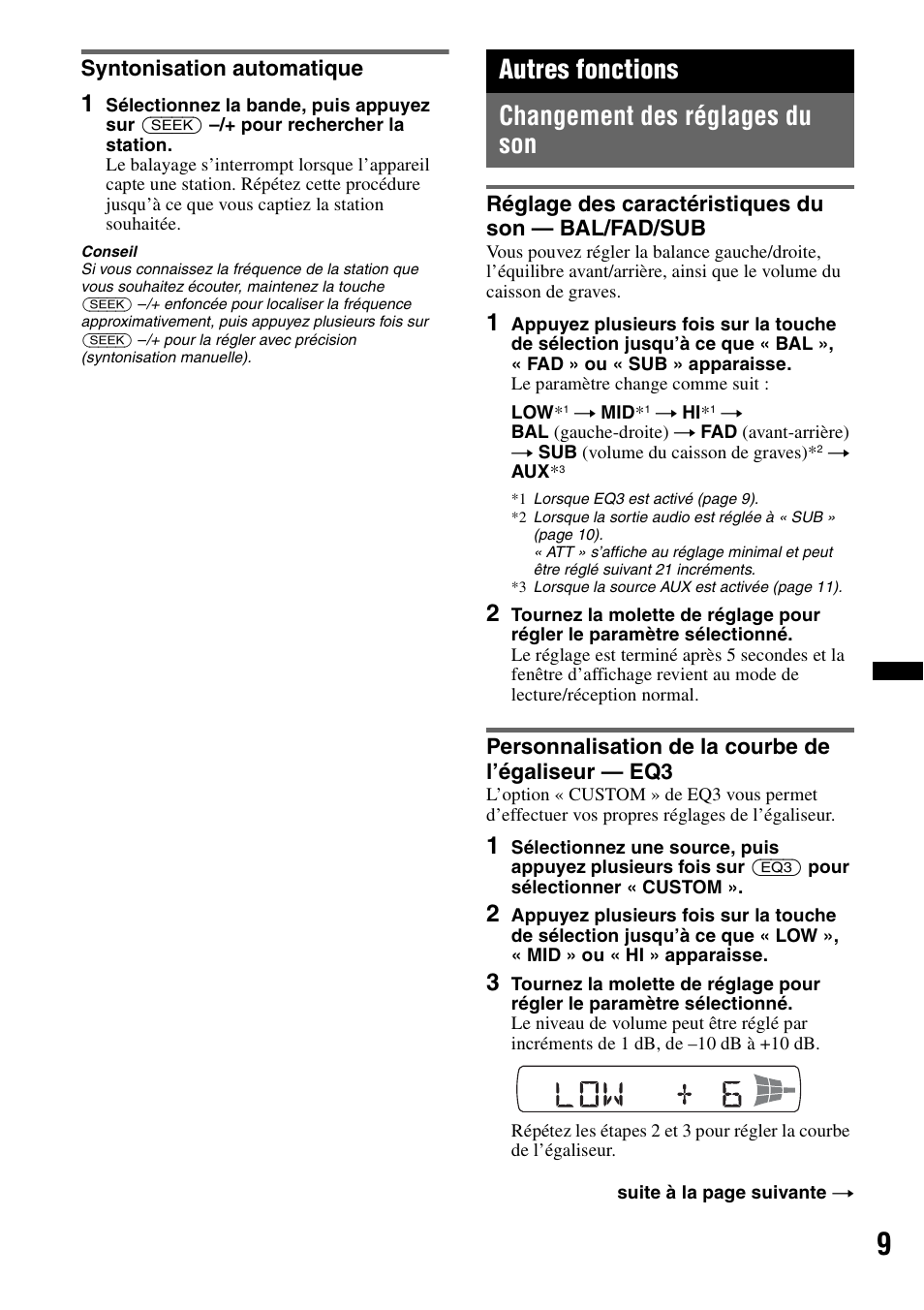 Syntonisation automatique, Autres fonctions, Changement des réglages du son | Réglage des caractéristiques du son - bal/fad/sub, Personnalisation de la courbe de l’égaliseur - eq3, Autres fonctions changement des réglages du son | Sony CDX-GT23W User Manual | Page 25 / 52