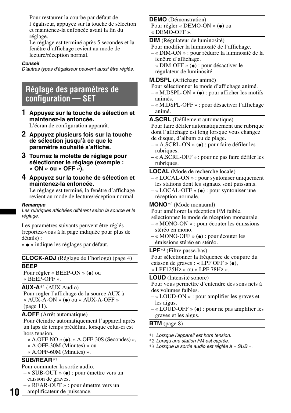 Réglage des paramètres de configuration - set, Réglage des paramètres de configuration — set | Sony CDX-GT23W User Manual | Page 26 / 52