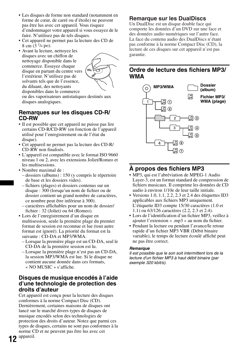 Ordre de lecture des fichiers mp3/ wma, À propos des fichiers mp3, Remarques sur les disques cd-r/ cd-rw | Remarque sur les dualdiscs | Sony CDX-GT23W User Manual | Page 28 / 52