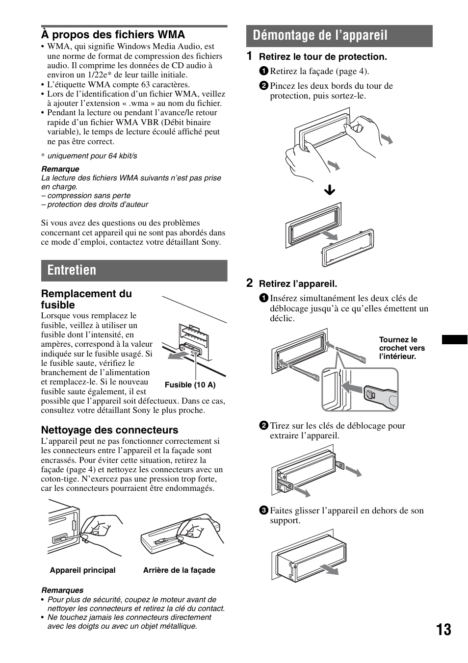 À propos des fichiers wma, Entretien, Démontage de l’appareil | Entretien démontage de l’appareil | Sony CDX-GT23W User Manual | Page 29 / 52