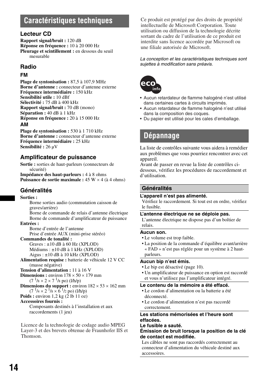 Caractéristiques techniques, Dépannage, Caractéristiques techniques dépannage | Lecteur cd, Radio, Amplificateur de puissance, Généralités | Sony CDX-GT23W User Manual | Page 30 / 52