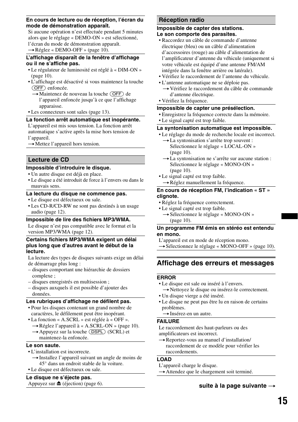 Affichage des erreurs et messages | Sony CDX-GT23W User Manual | Page 31 / 52