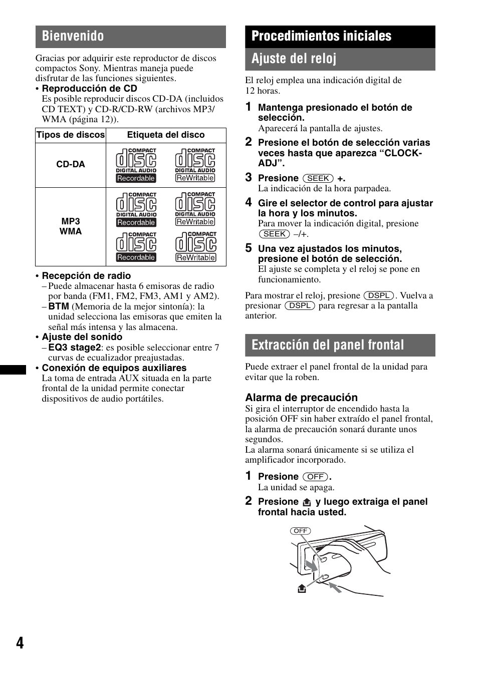 Bienvenido, Procedimientos iniciales, Ajuste del reloj | Extracción del panel frontal, Ajuste del reloj extracción del panel frontal, Procedimientos iniciales ajuste del reloj | Sony CDX-GT23W User Manual | Page 36 / 52