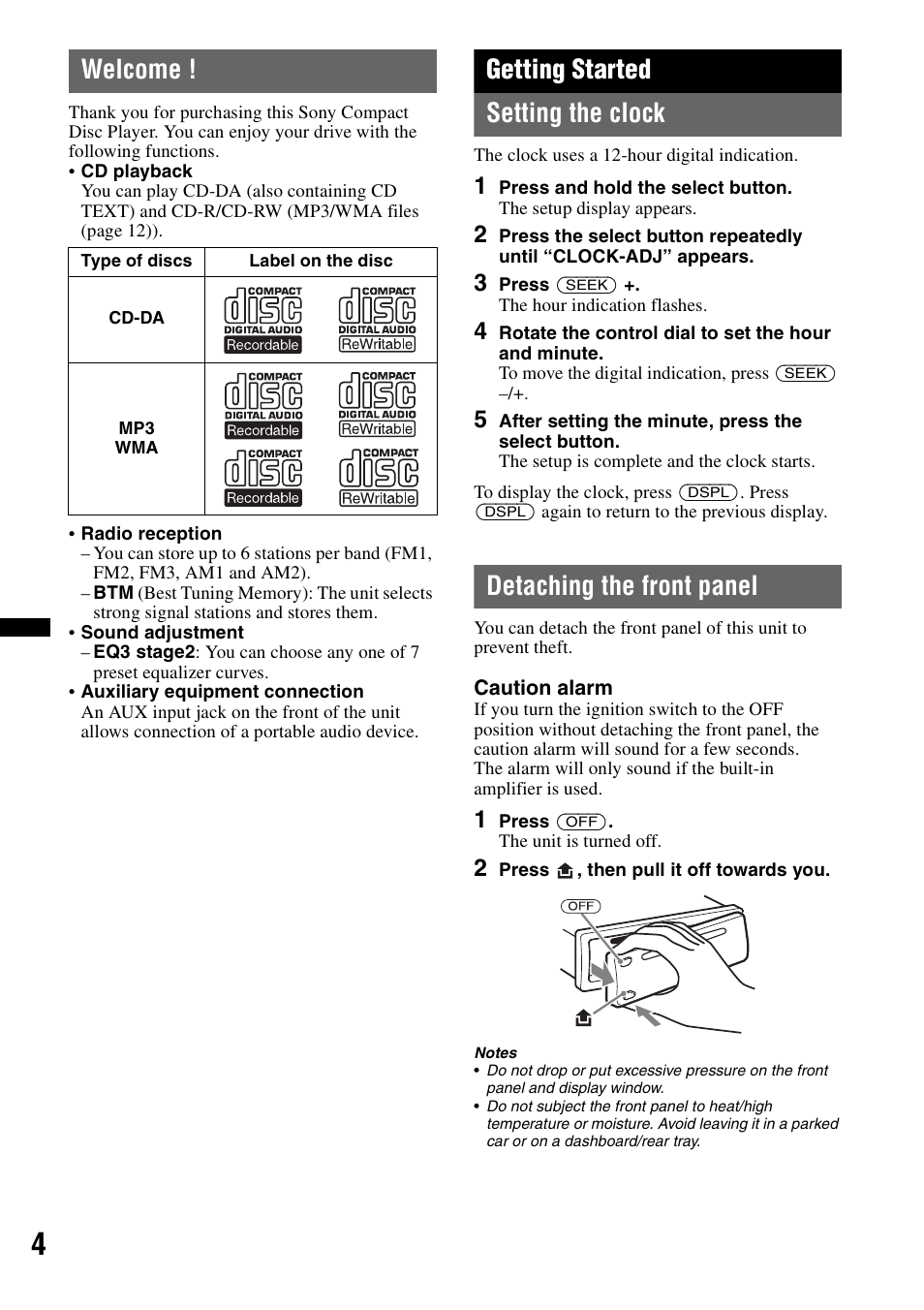 Welcome, Getting started, Setting the clock | Detaching the front panel, Setting the clock detaching the front panel, Getting started setting the clock | Sony CDX-GT23W User Manual | Page 4 / 52