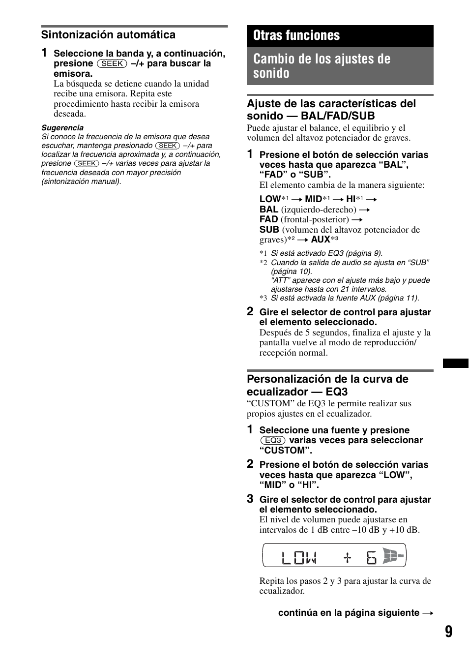 Sintonización automática, Otras funciones, Cambio de los ajustes de sonido | Personalización de la curva de ecualizador - eq3, Otras funciones cambio de los ajustes de sonido | Sony CDX-GT23W User Manual | Page 41 / 52