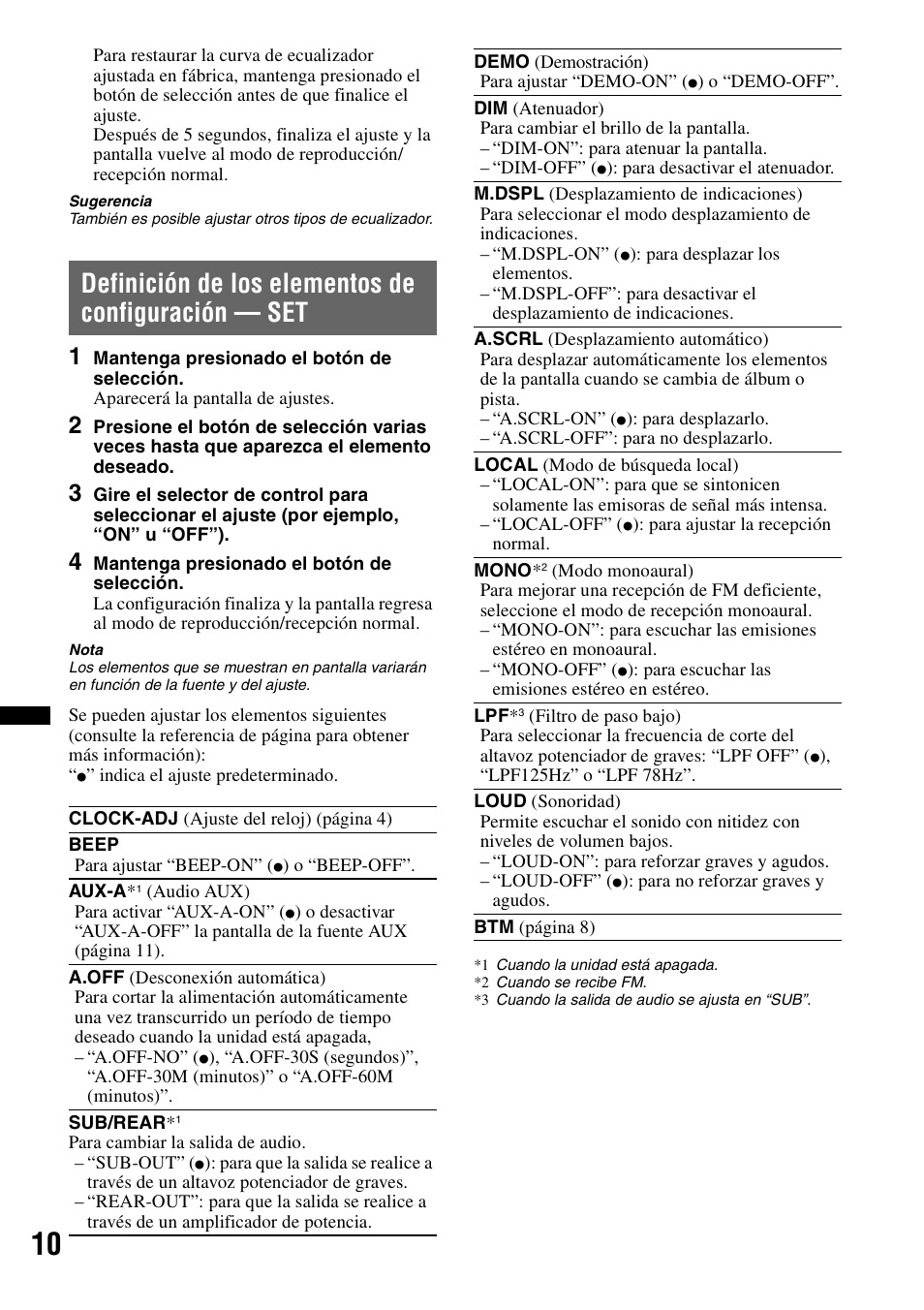 Definición de los elementos de configuración - set, Definición de los elementos de configuración — set | Sony CDX-GT23W User Manual | Page 42 / 52