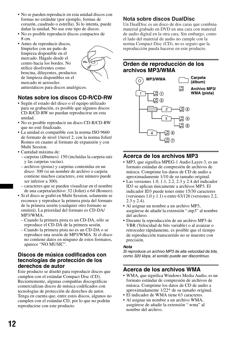 Orden de reproducción de los archivos mp3/wma, Acerca de los archivos mp3, Acerca de los archivos wma | Sony CDX-GT23W User Manual | Page 44 / 52