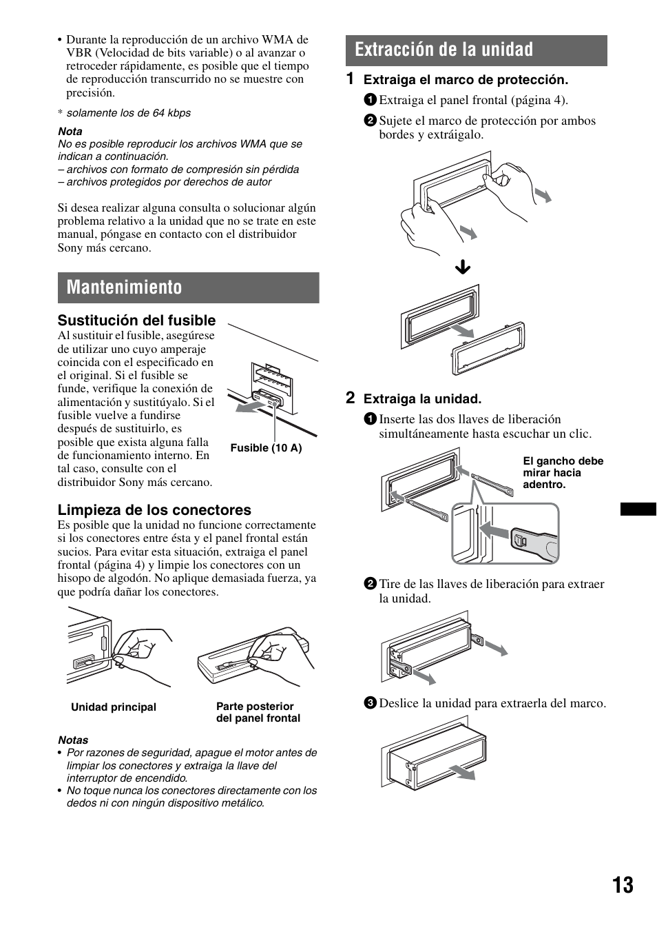 Mantenimiento, Extracción de la unidad, Mantenimiento extracción de la unidad | Sony CDX-GT23W User Manual | Page 45 / 52