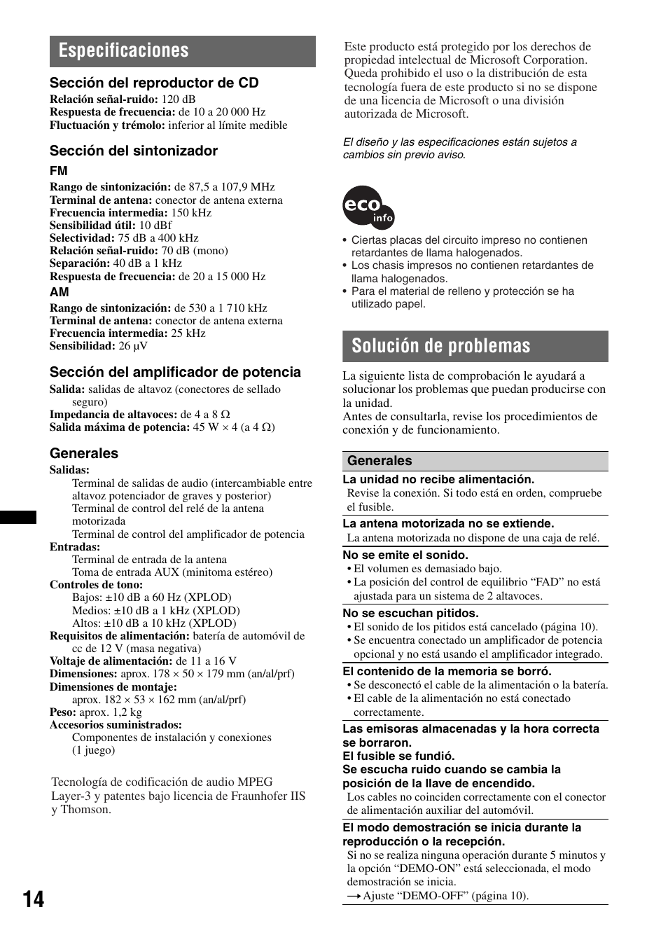 Especificaciones, Solución de problemas, Especificaciones solución de problemas | Sony CDX-GT23W User Manual | Page 46 / 52