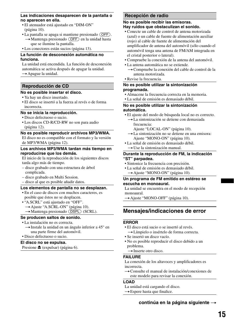 Mensajes/indicaciones de error | Sony CDX-GT23W User Manual | Page 47 / 52