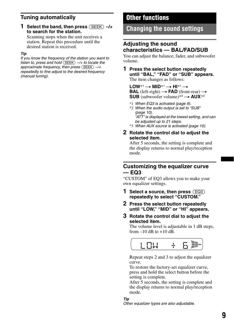 Tuning automatically, Other functions, Changing the sound settings | Adjusting the sound characteristics - bal/fad/sub, Customizing the equalizer curve - eq3, Other functions changing the sound settings | Sony CDX-GT23W User Manual | Page 9 / 52