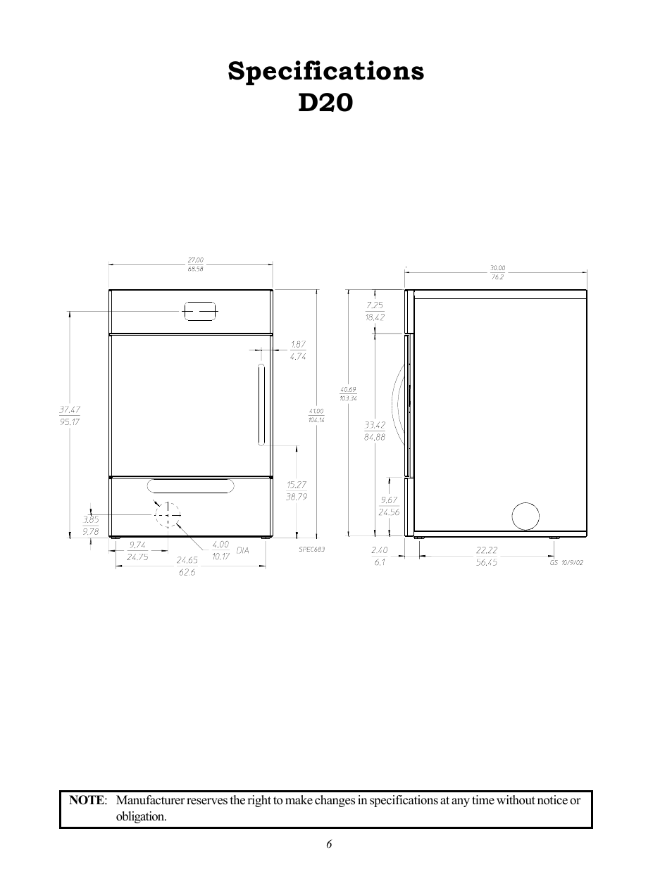 Specifications d20 | American Dryer Corp. D20 User Manual | Page 10 / 37