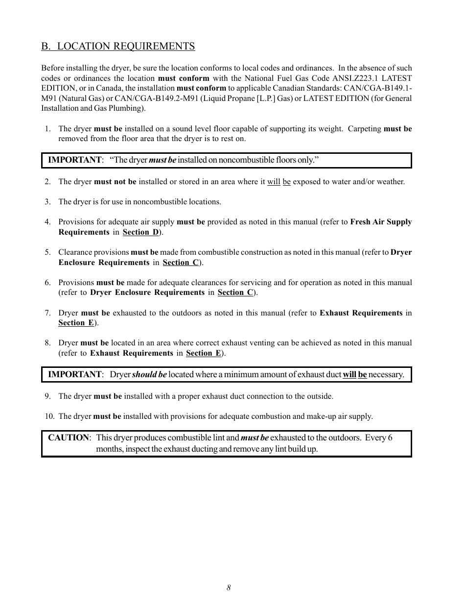 B. location requirements | American Dryer Corp. D20 User Manual | Page 12 / 37