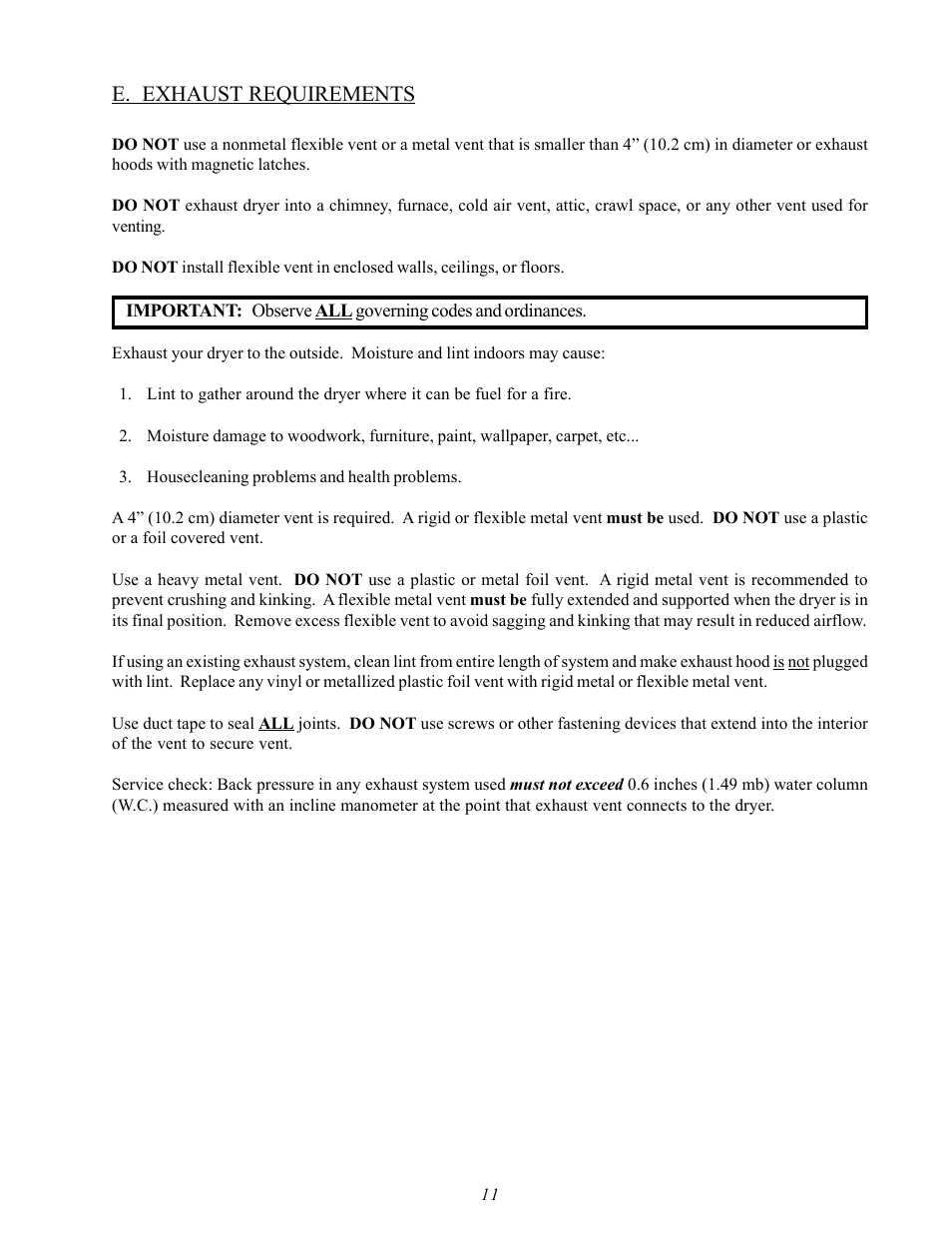 E. exhaust requirements | American Dryer Corp. D20 User Manual | Page 15 / 37