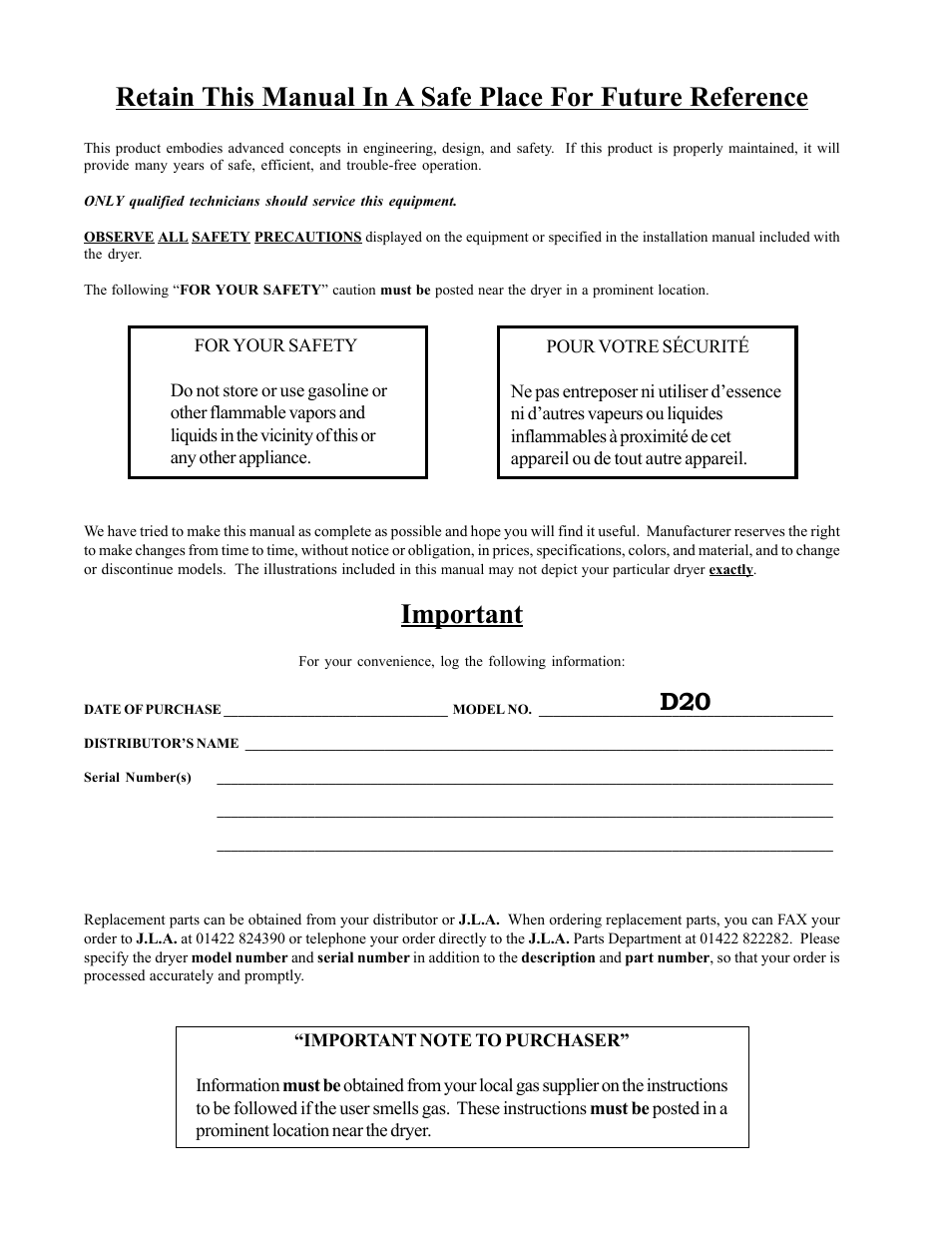 Important | American Dryer Corp. D20 User Manual | Page 2 / 37