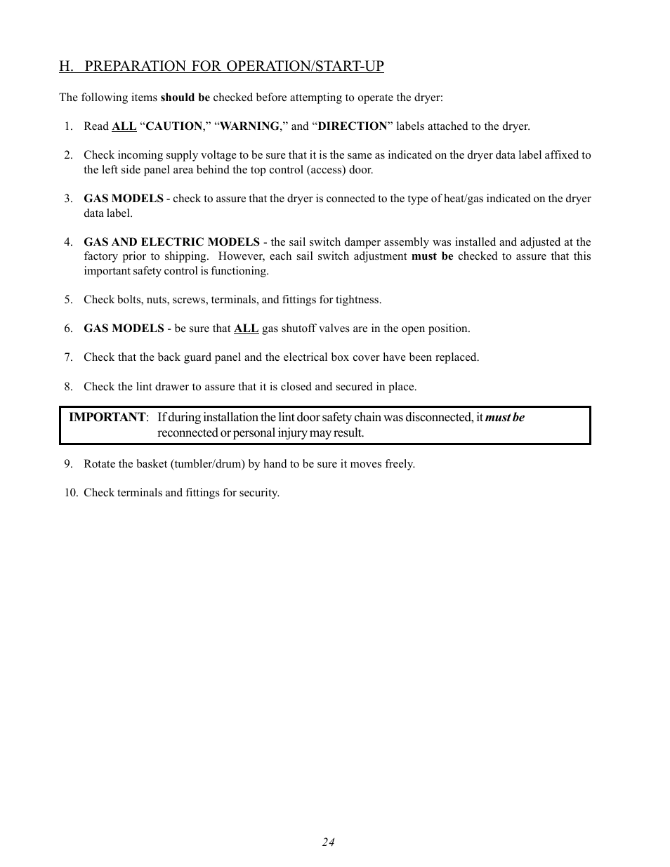 H. preparation for operation/start-up | American Dryer Corp. D20 User Manual | Page 28 / 37