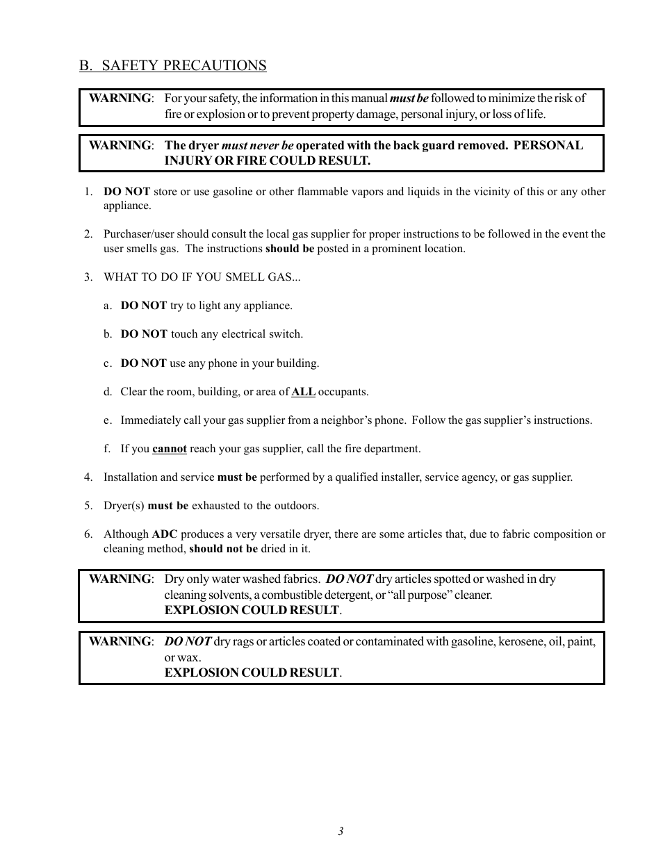 B. safety precautions | American Dryer Corp. D20 User Manual | Page 7 / 37