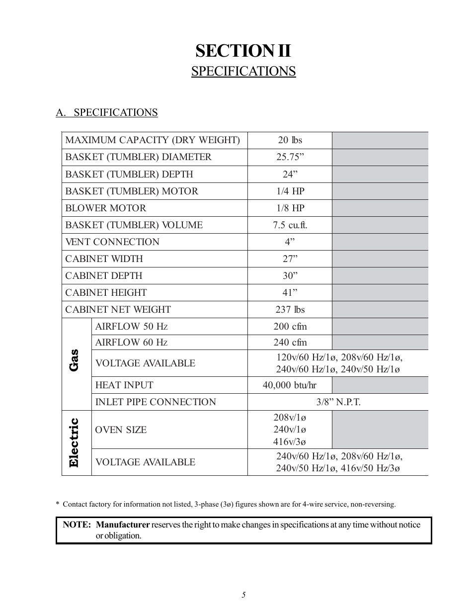 Specifications, Gas electric | American Dryer Corp. D20 User Manual | Page 9 / 37