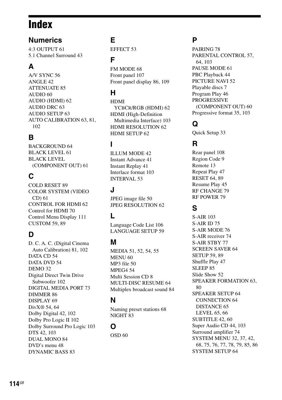 Index, Numerics | Sony DAV-HDX585 User Manual | Page 114 / 116