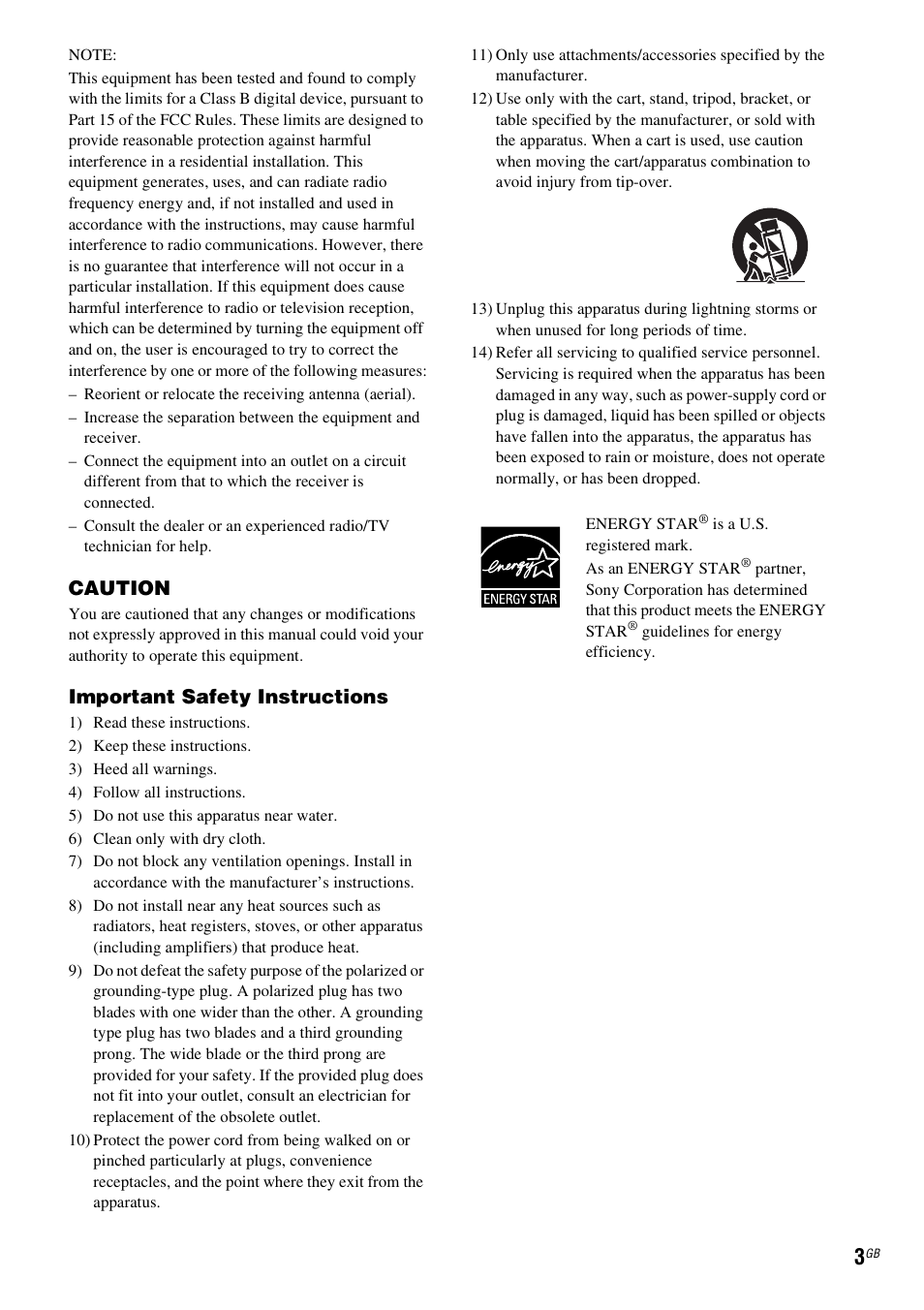 Caution, Important safety instructions | Sony DAV-HDX585 User Manual | Page 3 / 116