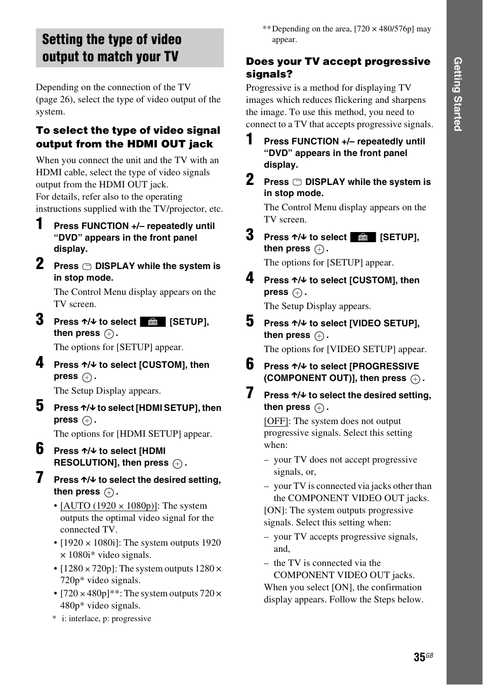 Setting the type of video output to match your tv | Sony DAV-HDX585 User Manual | Page 35 / 116