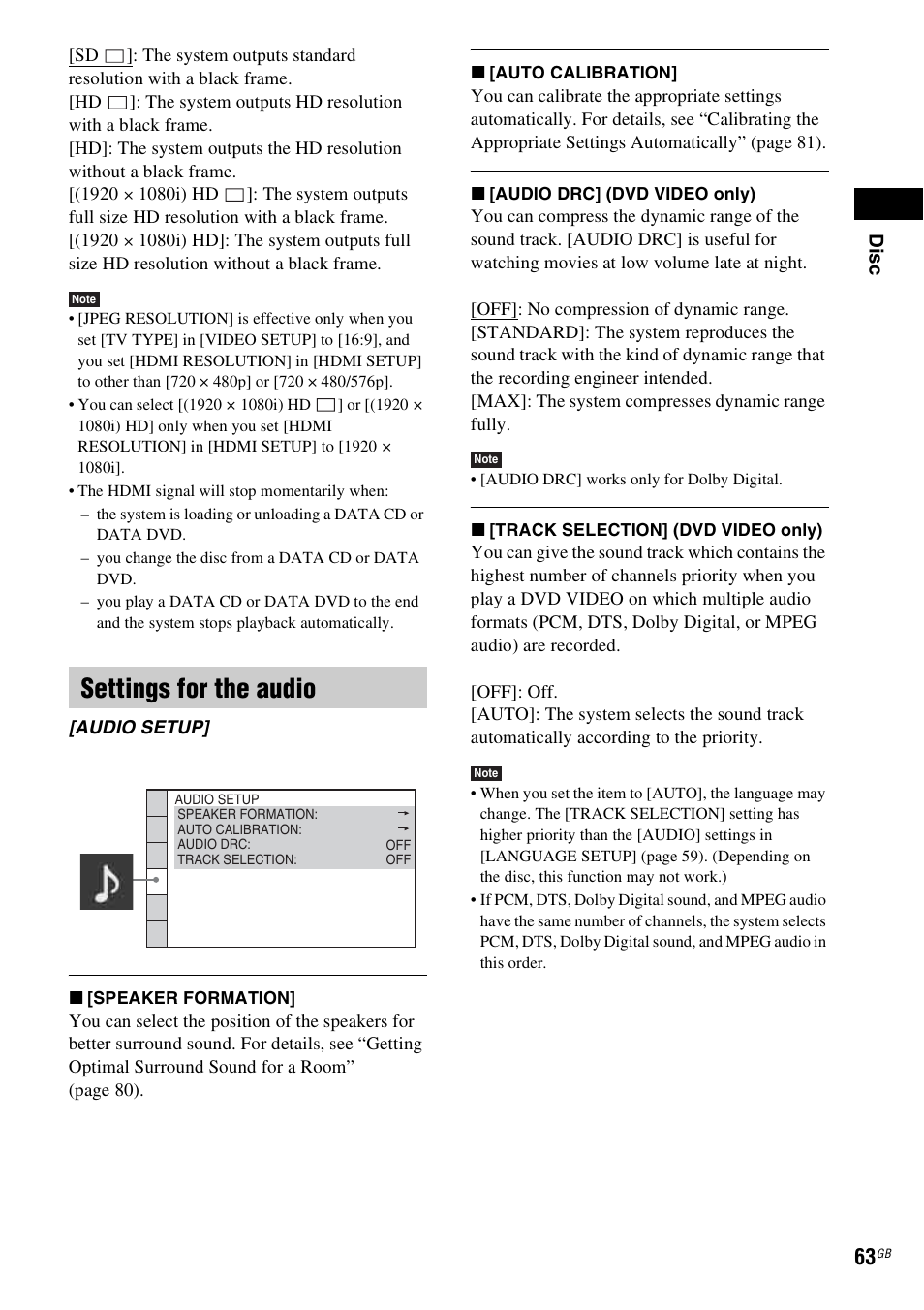 Settings for the audio | Sony DAV-HDX585 User Manual | Page 63 / 116