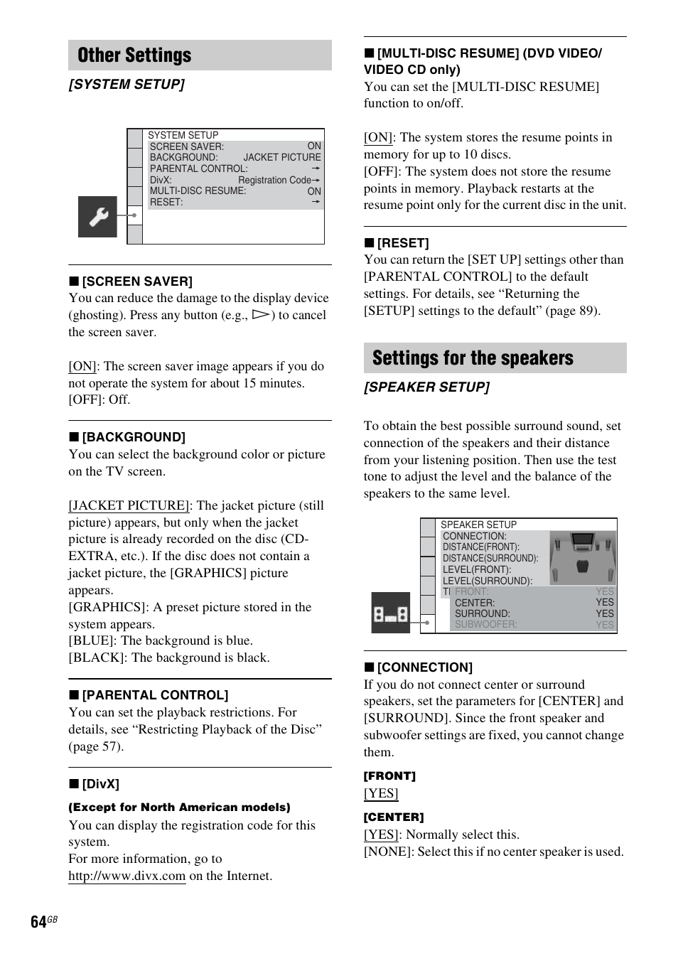 Other settings, Settings for the speakers | Sony DAV-HDX585 User Manual | Page 64 / 116