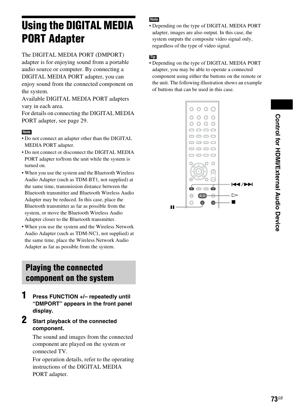 Using the digital media port adapter, Playing the connected component on the system, Using the digital media port | Adapter | Sony DAV-HDX585 User Manual | Page 73 / 116