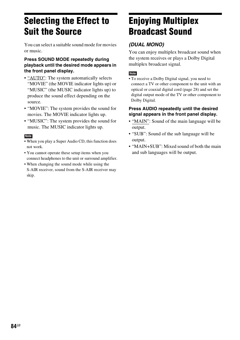 Selecting the effect to suit the source, Enjoying multiplex broadcast sound, Selecting the effect to suit | The source, Enjoying multiplex broadcast, Sound | Sony DAV-HDX585 User Manual | Page 84 / 116