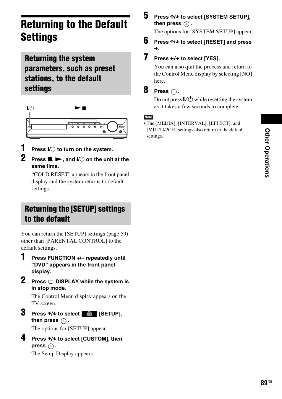 Returning to the default settings, Returning the [setup] settings to the default | Sony DAV-HDX585 User Manual | Page 89 / 116