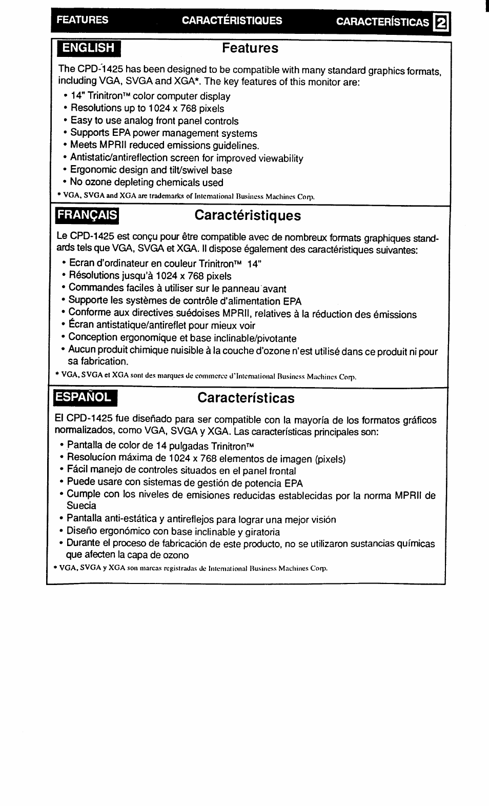 Features, Caractéristiques, Características | English, Français | Sony CPD-1425 User Manual | Page 2 / 8