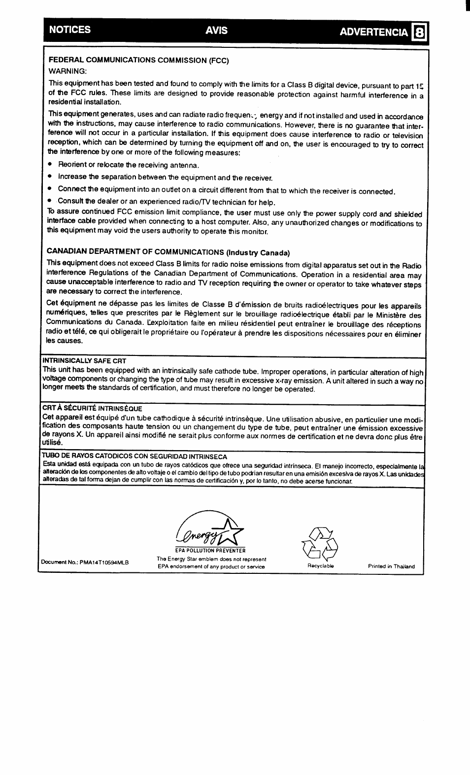 Notices avis advertencia | Sony CPD-1425 User Manual | Page 8 / 8