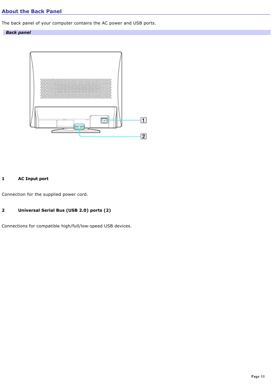 About the back panel | Sony PCV-V210P User Manual | Page 11 / 131