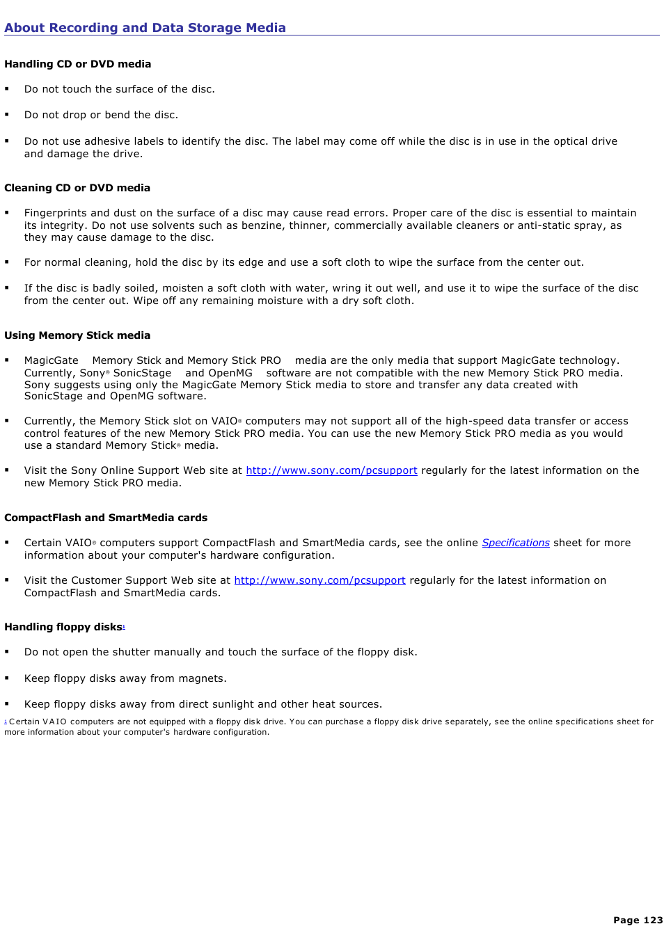 About recording and data storage media | Sony PCV-V210P User Manual | Page 123 / 131