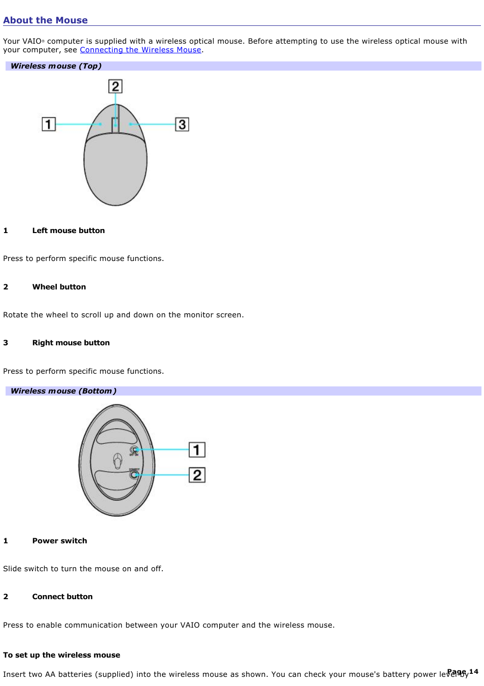 About the mouse | Sony PCV-V210P User Manual | Page 14 / 131