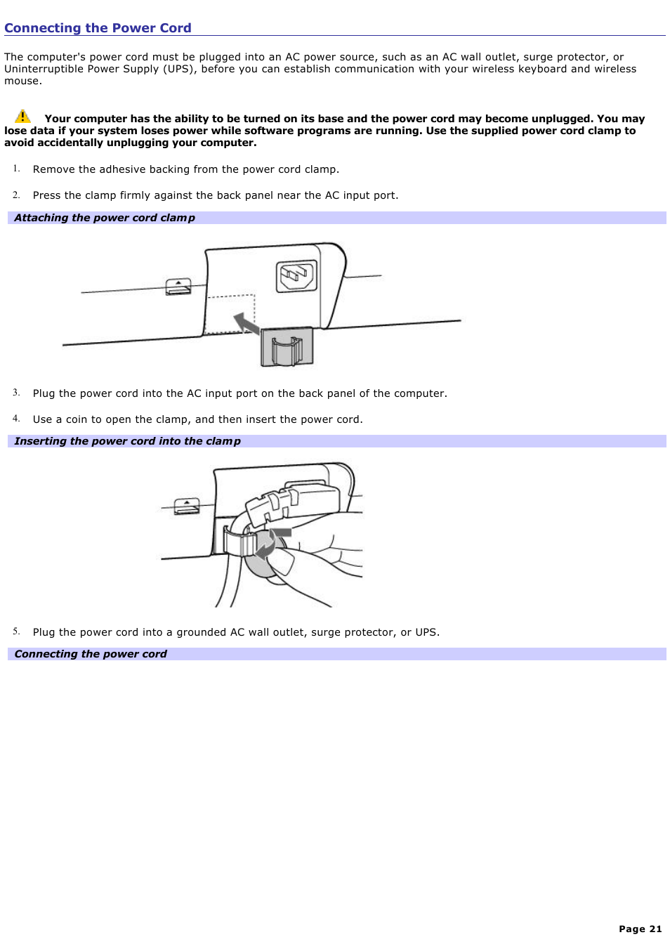 Connecting the power cord | Sony PCV-V210P User Manual | Page 21 / 131