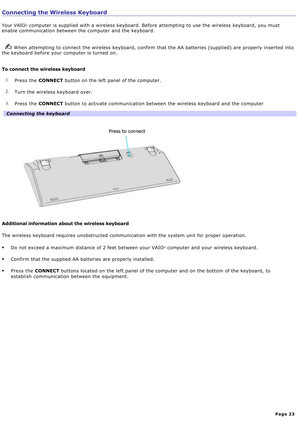 Connecting the wireless keyboard, Connecting the, Wireless keyboard | Sony PCV-V210P User Manual | Page 23 / 131