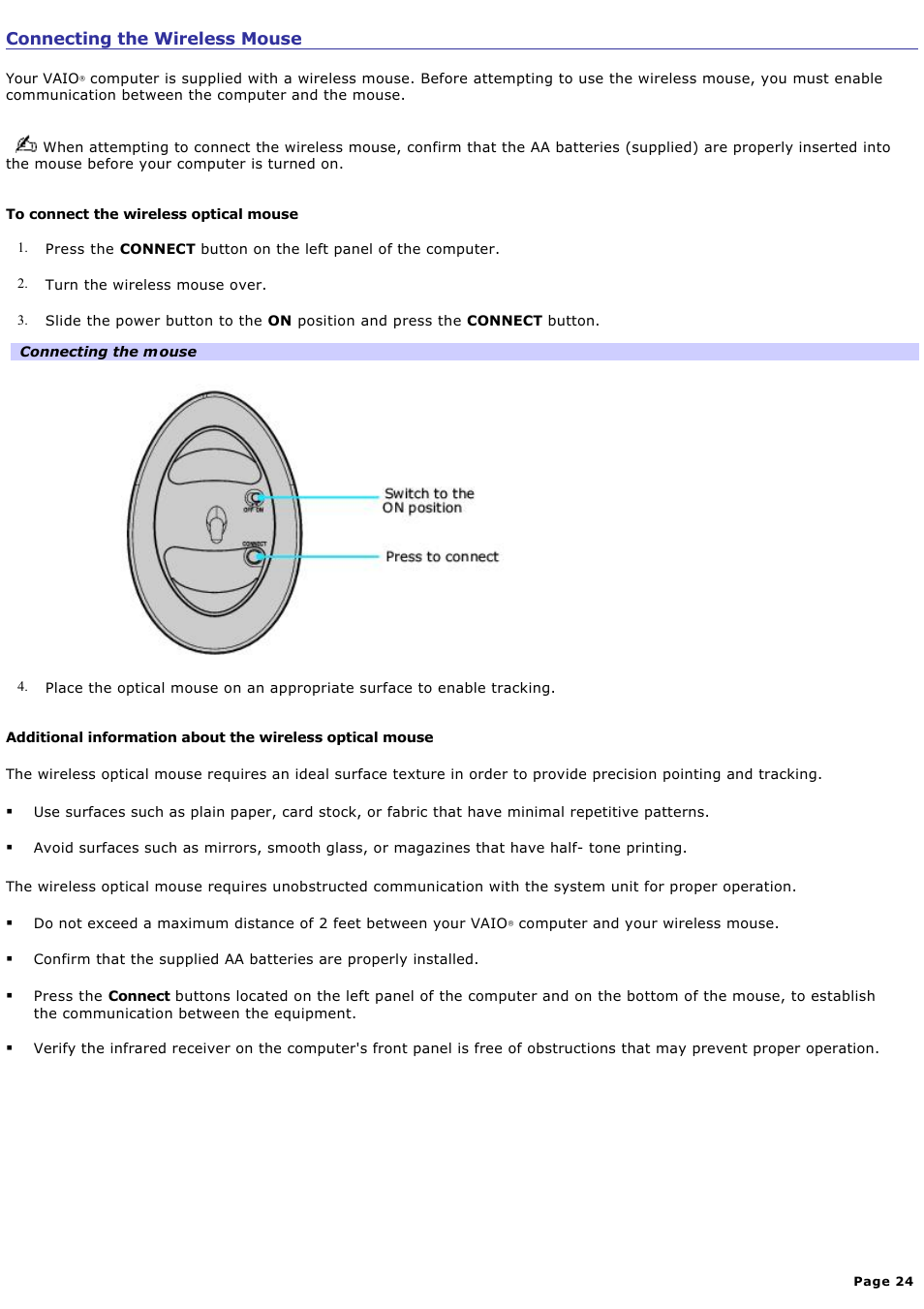 Connecting the wireless mouse | Sony PCV-V210P User Manual | Page 24 / 131