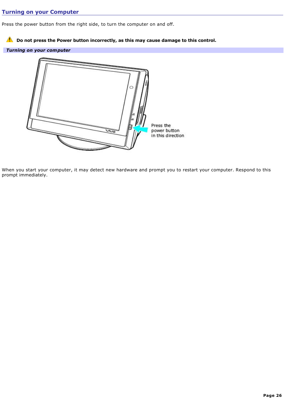 Turning on your computer | Sony PCV-V210P User Manual | Page 26 / 131