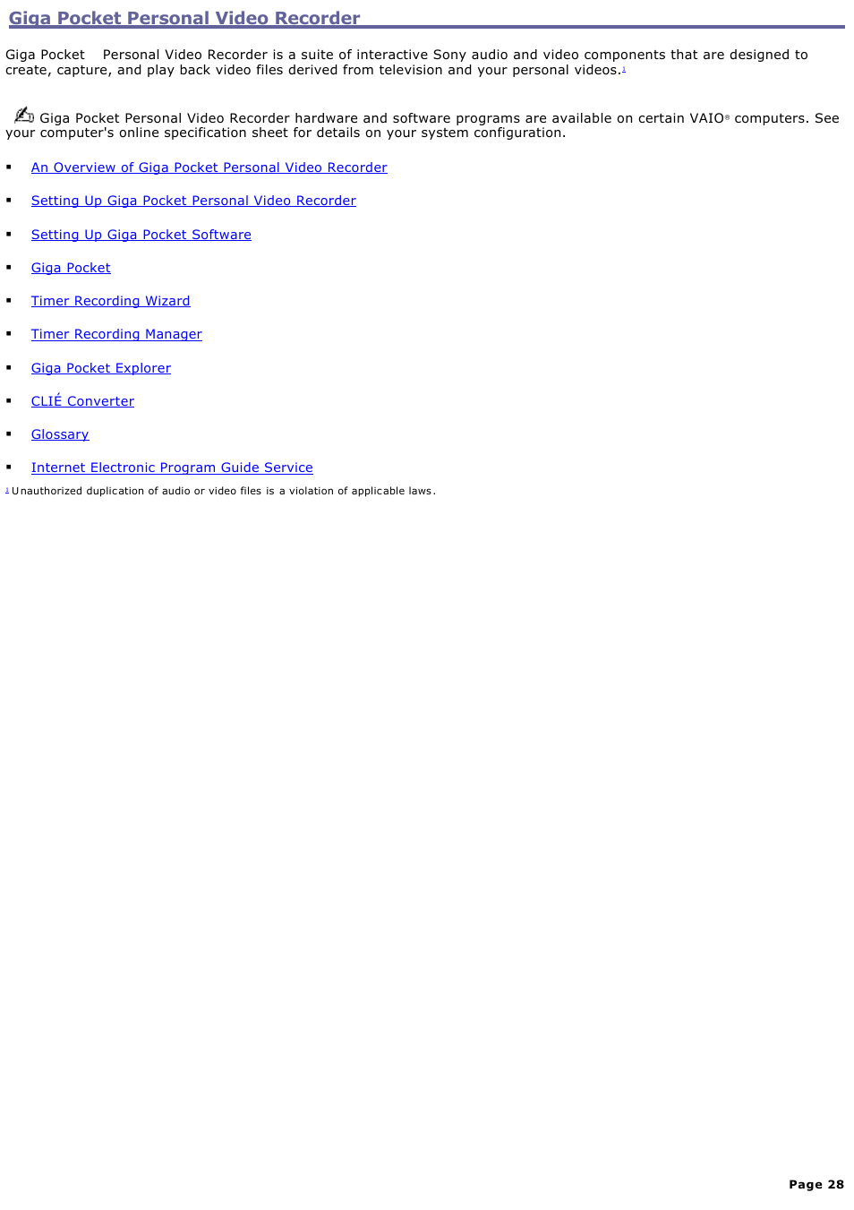Giga pocket personal video recorder | Sony PCV-V210P User Manual | Page 28 / 131