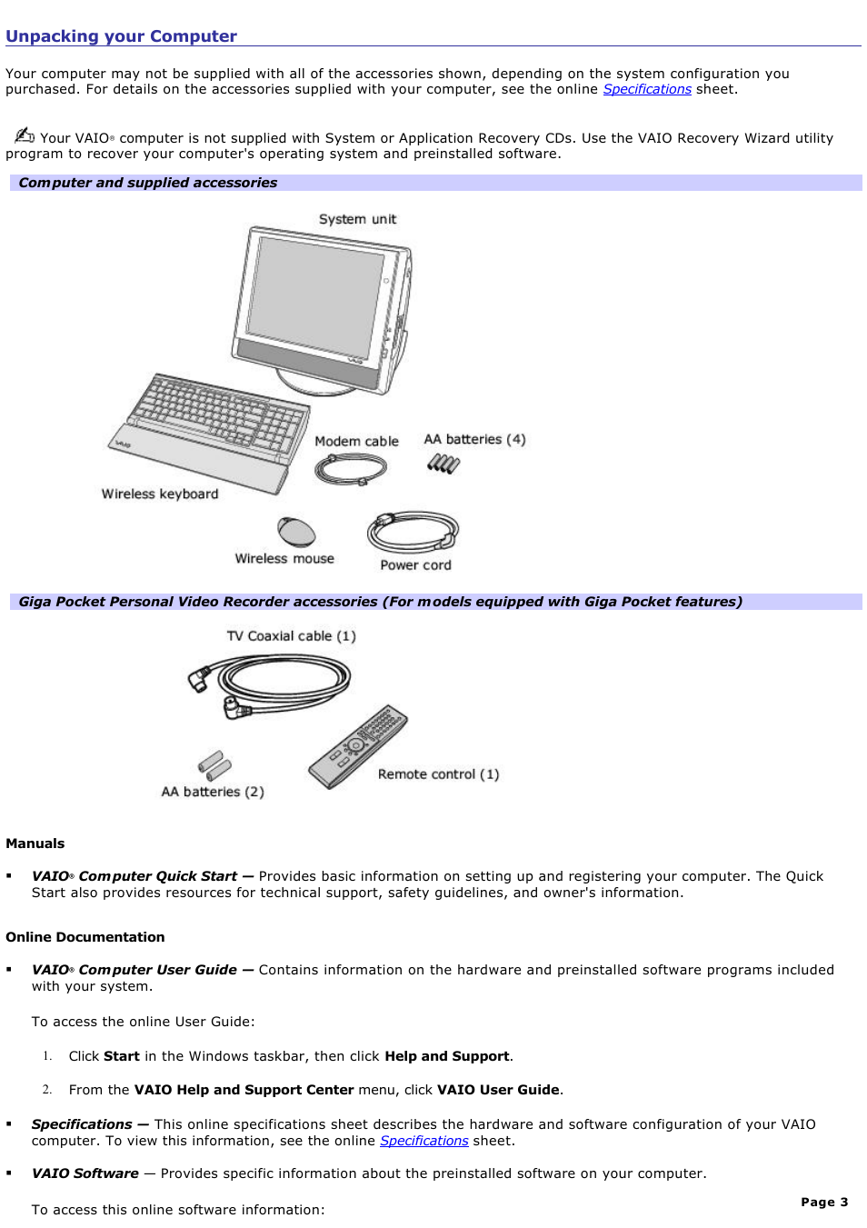 Unpacking your computer | Sony PCV-V210P User Manual | Page 3 / 131