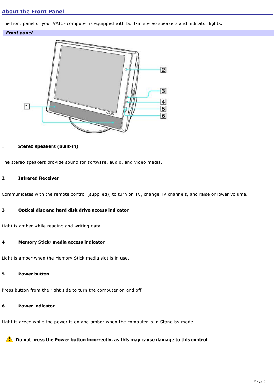 About the front panel | Sony PCV-V210P User Manual | Page 7 / 131