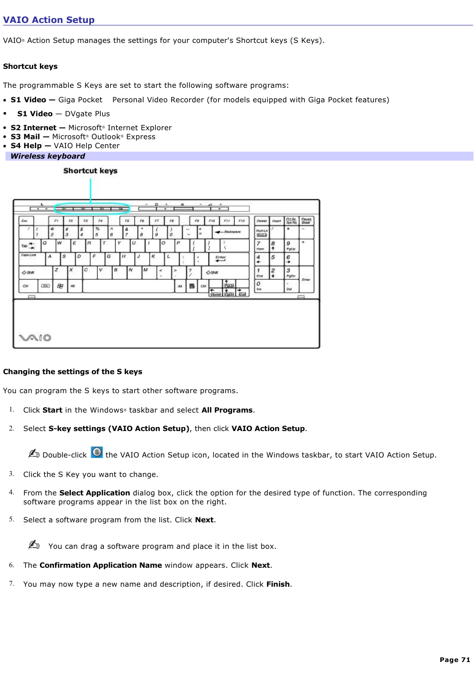 Vaio action setup | Sony PCV-V210P User Manual | Page 71 / 131