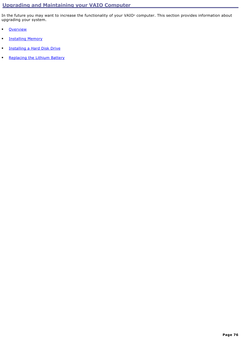 Upgrading and maintaining your vaio computer | Sony PCV-V210P User Manual | Page 76 / 131